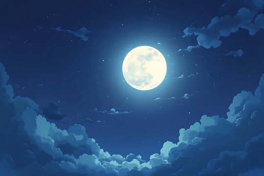 Full moon glowing in dark night sky surrounded by clouds, peaceful celestial scene, fantasy moonlight background, dreamy night illustration, atmospheric sky, magical night view, serene starlit sky.