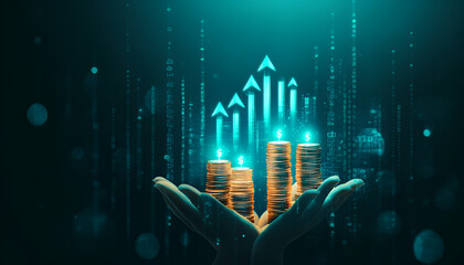 Growth money arrow of success financial business on coin concept investment earnings background with profit graph finance development or increase economic market chart digital stock currency strategy