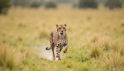 Naklejka premium Cheetah sprinting across savannah at full speed, nature's grace, World Wildlife Day