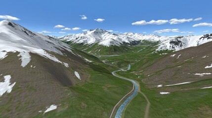 Aerial view of a mountainous landscape with a winding river and snow-capped peaks.