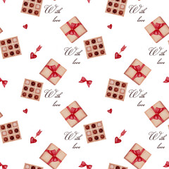 Valentine's Day Seamless Pattern with Candies, Hearts, and Love Letter Typography, Fun Design