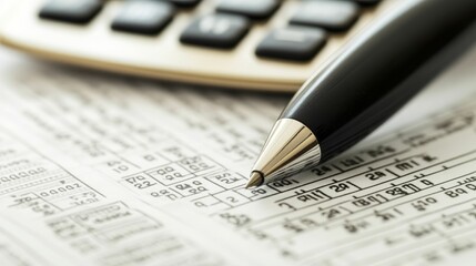 Pen rests on numerical data, calculator nearby.