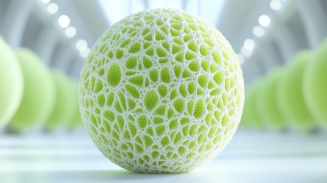A 3D-rendered lime green porous sphere with a white webbed structure. Ideal for scientific visualizations or abstract designs.  Can be used in medical illustrations or futuristic backgrounds. - Powered by Adobe