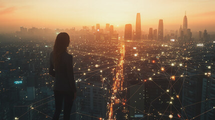 Fototapeta premium Abstract business woman stands on the peak of success amid tall, innovative Smart city and graphs with statistics to analyze business potential and predict future developments in company growth.
