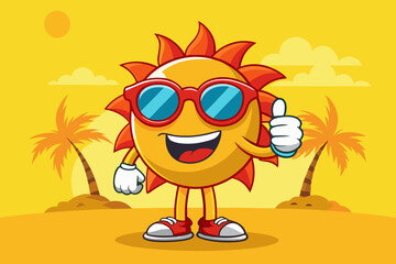 Cheerful Cartoon Sun with Red Sunglasses and Thumbs Up in Vibrant Vector Art