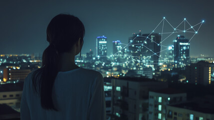 Abstract business woman stands on the peak of success amid tall, innovative Smart city and graphs with statistics to analyze business potential and predict future developments in company growth.