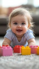 Happy baby playing with colorful blocks on the floor. A cheerful and playful moment captured.