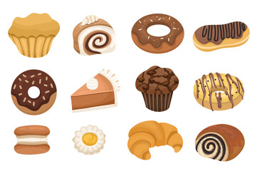Set or collection of fresh baked sweet. Donuts, croissants. macaroons, eclairs, buns in cartoon or flat, illustration on white background