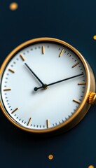 Close-up of a minimalist gold and white analog clock against a dark blue background.