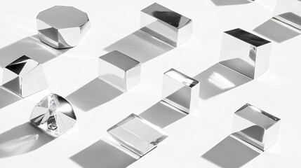 Abstract Silver Geometric Shapes Shadows White Background Minimalist