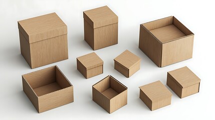 Cardboard boxes arranged in a set isolated on a white background