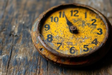 Rusty vintage clock on weathered wood.  A timeless image depicting age, passage of time, and rustic charm.