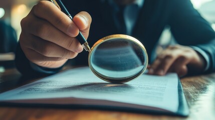 Person examines document with magnifying glass and pen.