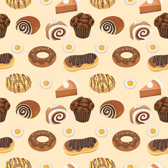 Seamless pattern or background for a pastry shop - fresh baked goods cartoon or flat illustration. Buns, cake, donut and more.