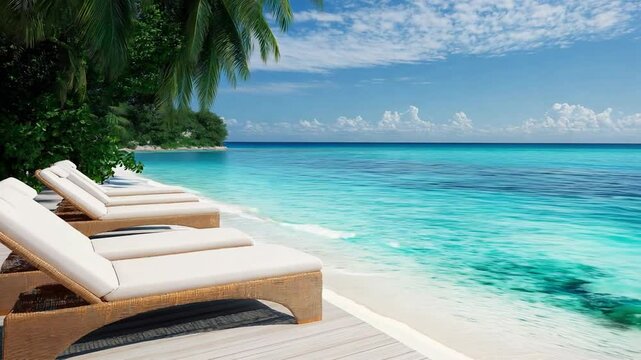 Lounge chairs overlooking turquoise ocean waters and white sandy beach under a blue sky on a perfect day. Summer vacation concept