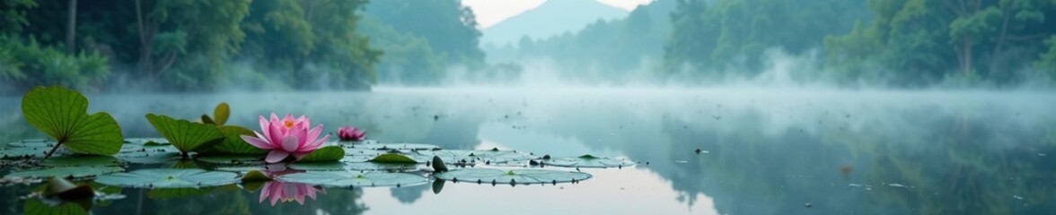 Estuary misty morning fog surrounds water lily, nature, landscape