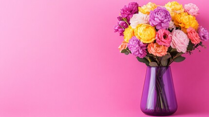 Fototapeta premium Vibrant Colorful Flower Bouquet in Purple Vase Pink Background