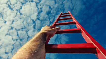 A motivational concept illustrating career growth with a man's hand reaching for a red ladder leading to a blue sky.