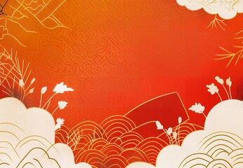 Elegant Red and Gold Asian Inspired Background Design with Floral and Wave Patterns
