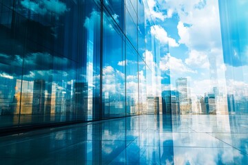 Obraz premium Glass building reflects cityscape, sky, clouds.