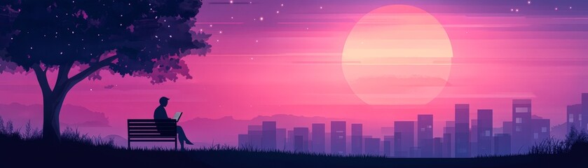 A serene twilight scene featuring a person reading on a bench under a silhouette tree, with a vibrant sunset and city skyline in the background, Ideal for themes of relaxation, solitude