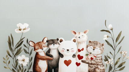 Naklejka premium Adorable animals celebrating love with hearts and flowers in cheerful scene