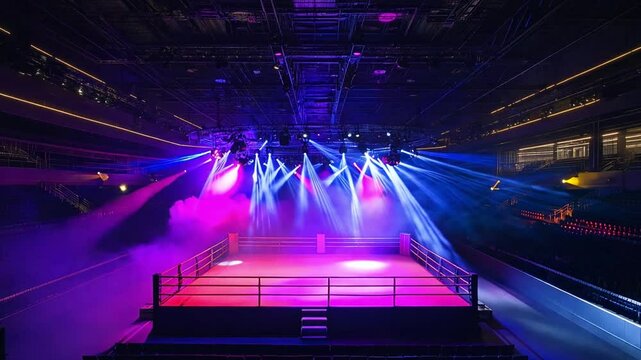 Bright lights illuminate the wrestling ring, creating an energetic atmosphere in the arena during a thrilling competition
