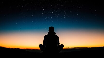 A person sits in a meditative pose against a stunning twilight sky filled with stars, creating a serene atmosphere ideal for promoting mindfulness, relaxation, or nature-themed content,