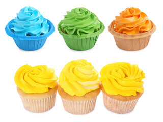 Yummy cupcakes with cream isolated on white, collage