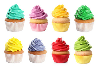 Yummy cupcakes with cream isolated on white, collage