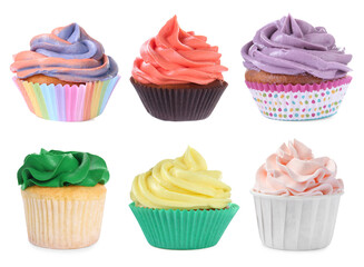 Yummy cupcakes with cream isolated on white, collage
