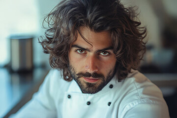 A focused culinary professional with a smirk, embodying confidence and creativity, captured in a sleek kitchen environment that reflects passion for culinary arts.