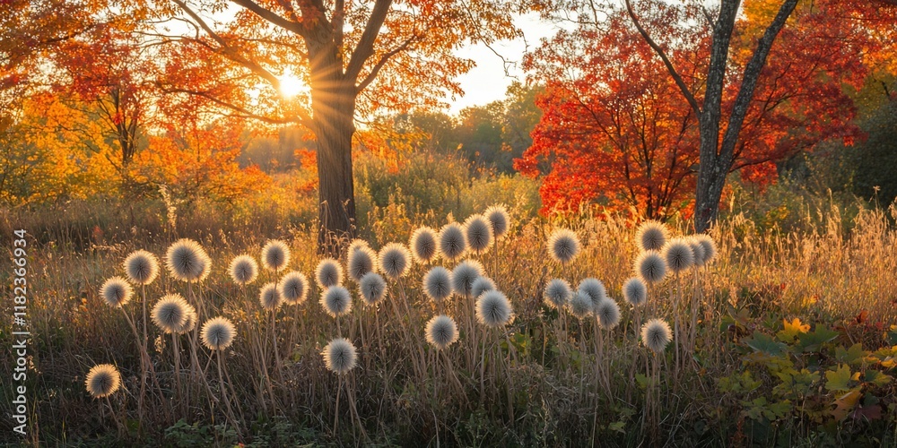 Poster Autumn sunset meadow, fluffy seed heads, colorful trees