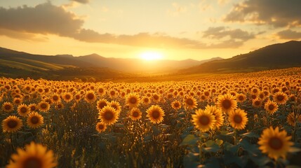 Obraz premium Sunflowers bloom at sunset in a vast field