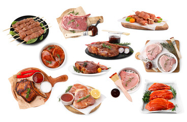 Marinade sauces and different types of marinated meat on white background, collage