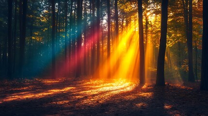 Fototapeta premium Golden Sunlight Beams Through Autumn Forest Trees