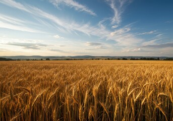 Golden wheat field, vast prairie landscape, wispy cirrus clouds, blue sky, distant mountains, warm sunlight, autumn harvest, agricultural panorama, rural tranquility, expansive horizon, natural beauty