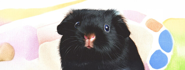 This charming image showcases a black guinea pig with big, expressive eyes and a cute appearance, perfect for depicting pet love and companionship themes.