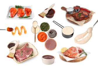 Marinade sauces and different types of marinated meat on white background, collage