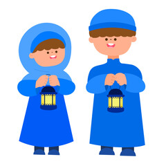 muslim children holding lanterns celebrating ramadan flat vector illustration