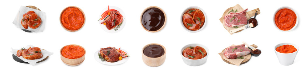Marinade sauces and different types of marinated meat on white background, collage. Top and side...