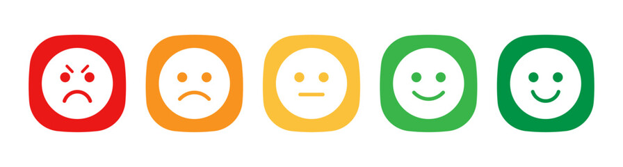 Rating emoji set in square for customer feedback and product experience. Feedback emoticons collection. Bad, poor, average, good and excellent emojis. Flat icon set of rating and feedback emojis icons