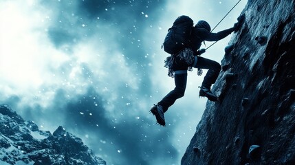 A climber ascends a steep rock face in a blizzard. This powerful image embodies resilience and determination. Ideal for adventure or motivational themes.