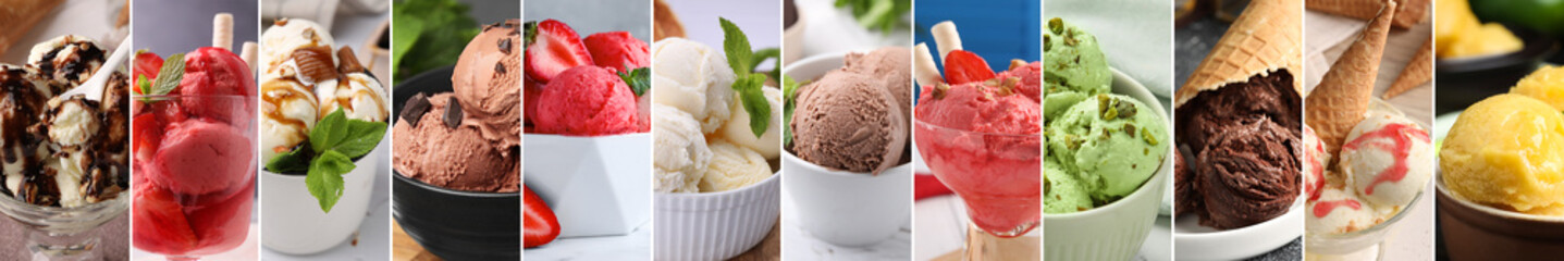 Yummy ice cream of different flavors, collage