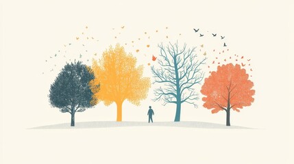Fototapeta premium A solitary figure observes four trees representing the seasons