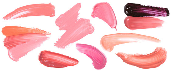 Lip gloss of different shades on white background, set of samples