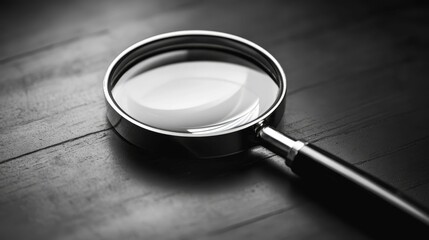 Magnifying glass rests on dark, textured surface.