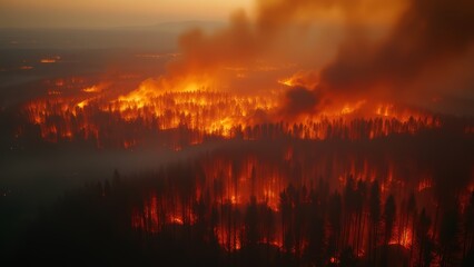 Fototapeta premium Bird's eye view of a fire in the forest in the evening.