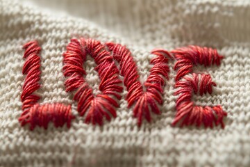 The word ‘LOVE’ embroidered with red threads on a fabric. Valentine's Day background.