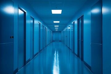 Long blue corridor, many doors, bright lights.